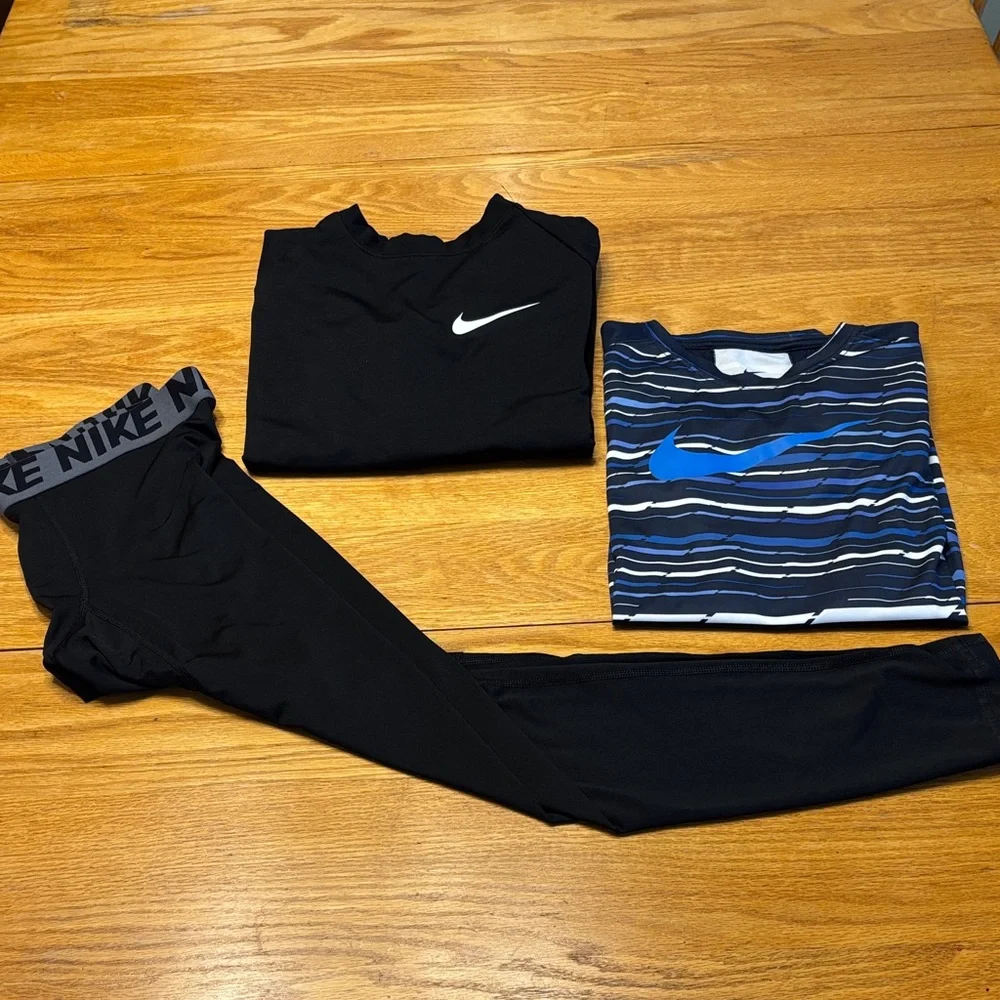 Three piece Boys Nike Black Tights with Black Sweatshirt & Blue Striped Top - Picture 3 of 11